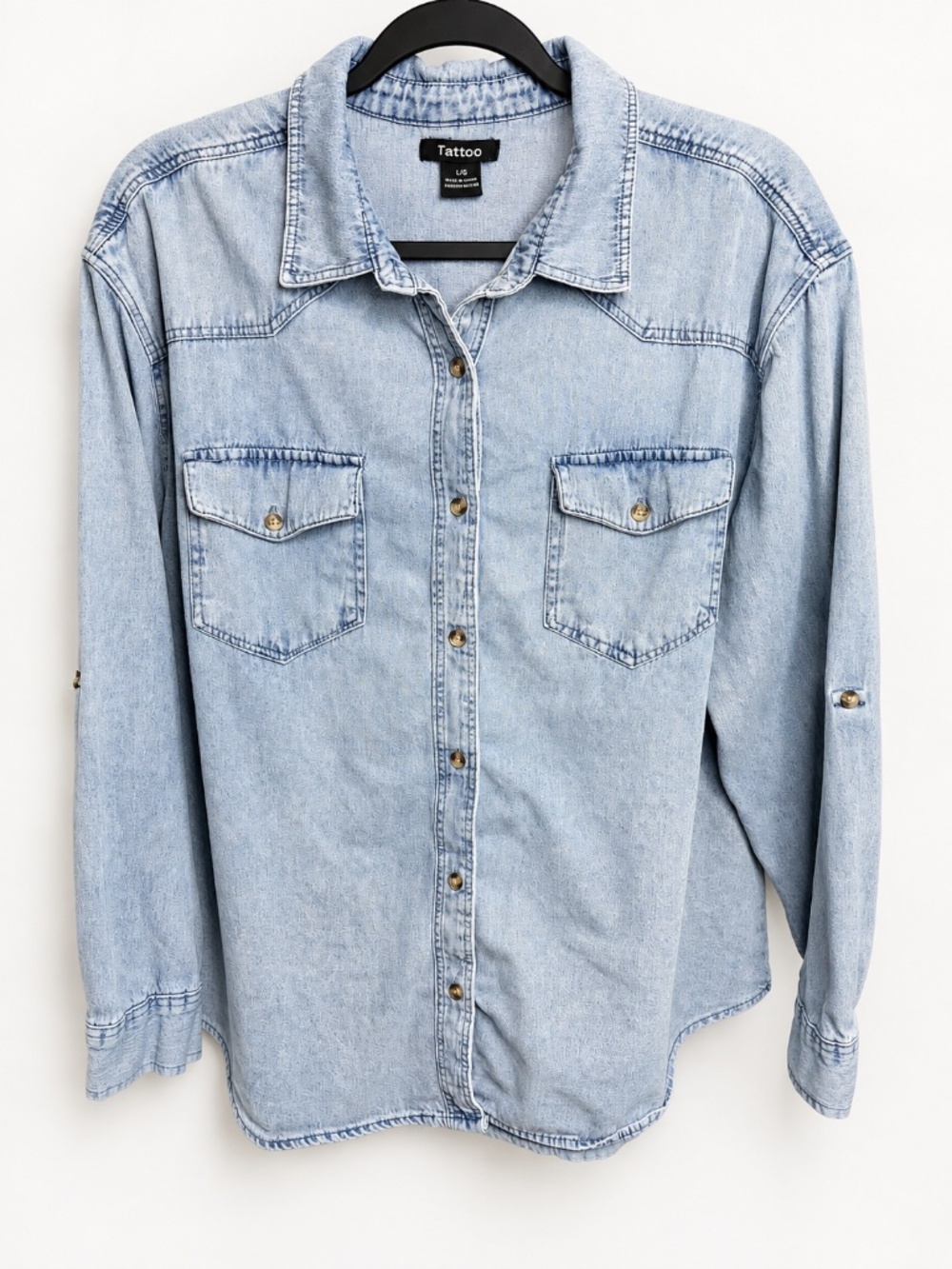 Tattoo - Light Wash 100% Cotton Denim Button-Down Shirt - Size L